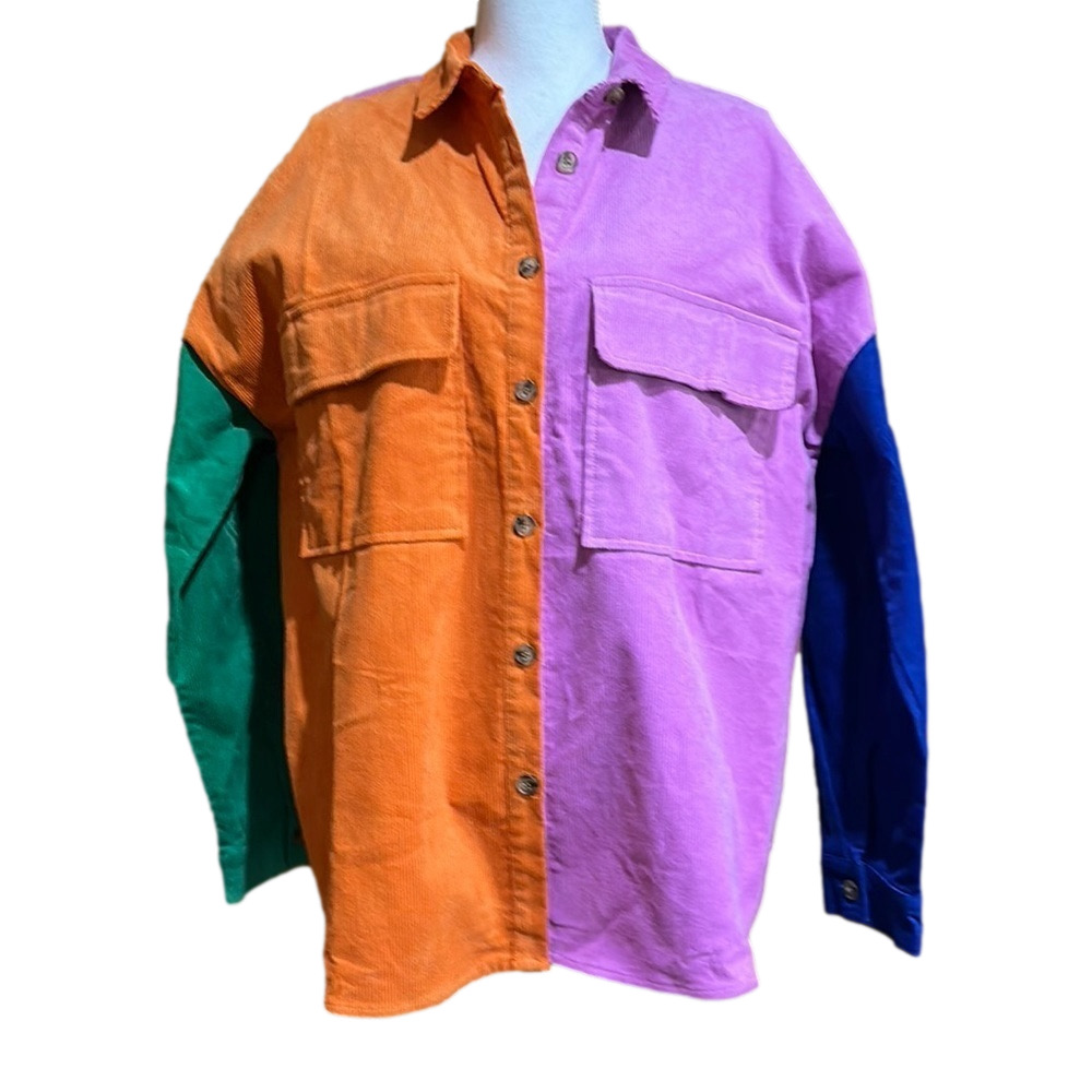 Vivi Corduroy Color Block Button Down Long Sleeve Relaxed Fit Shirt Size L - NWT